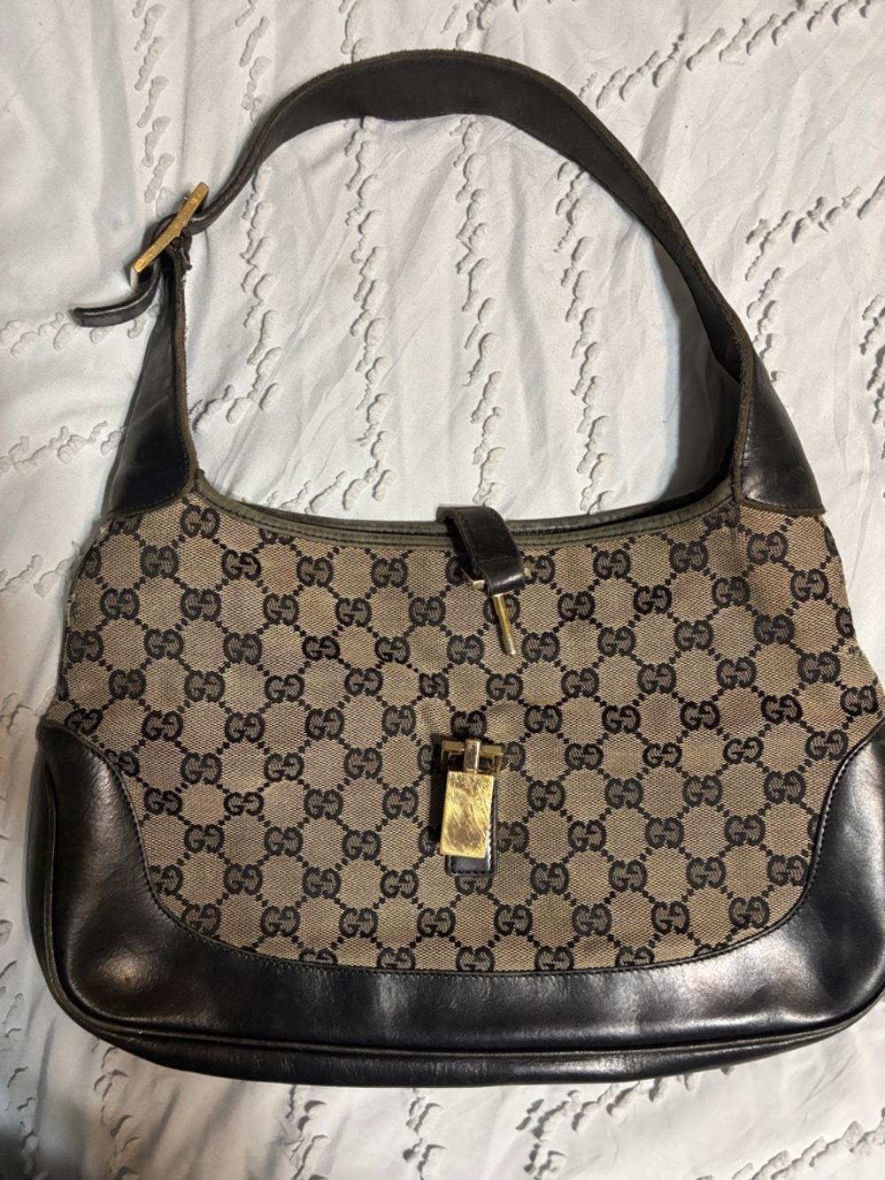 Gucci Brown GG Canvas Shoulder Bag with blue leather trim
